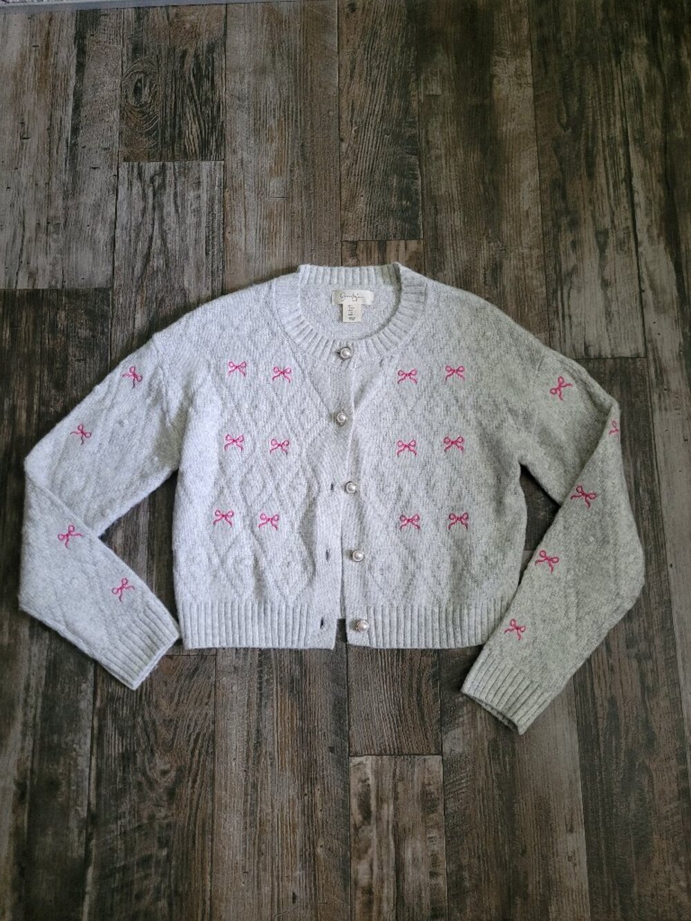 Jessica Simpson Grey Textured & Pink Bows Cropped Cardigan Sweater